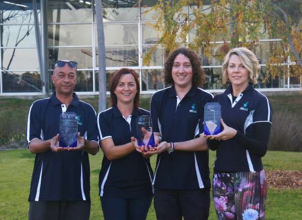 Left to right: Fernando, Megan, James and Linda with their Aquatics and Recreation Industry Awards. 