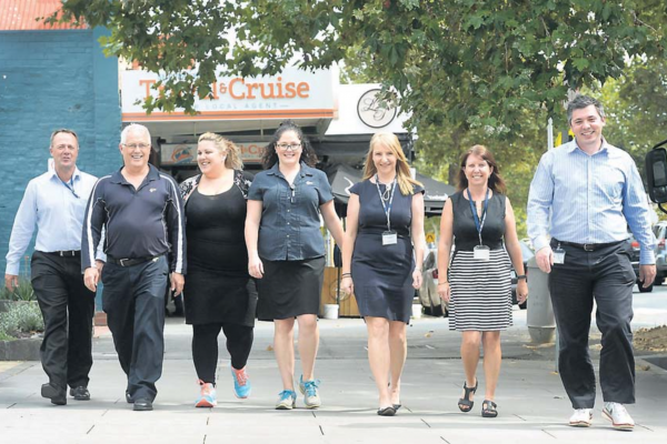 Walkers: Goulburn Valley Water’s Steve Nash, Les Goudie, Miriem Asim, Kylee Alford, Christina Bassani, Narelle Page and Grant Barry are taking a few extra steps towards better health.