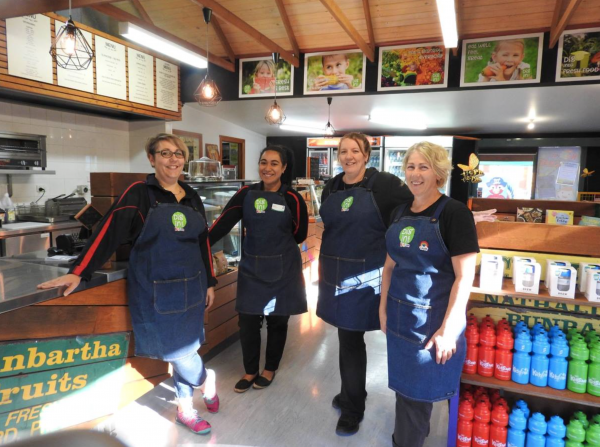 Celebrating Fresh Food: From left, KidsTown Dig In Café and events attendants, Natasha Pearson, Selina Sauiluna and Pauline Marslen-Neil and KidsTown programs and café duty supervisor, Leanne Houkes-Wilson.